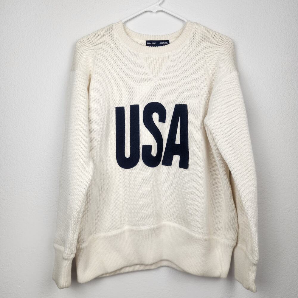 Ralph Lauren Polo Sport Vintage USA Sweater Cream Women Size Large Crewneck Flag